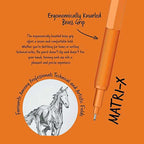Scrikss Matri-X 0.5mm Orange Mechanical Pencil with ergonomic knurled brass grip on an orange background, featuring text about its design and uses.