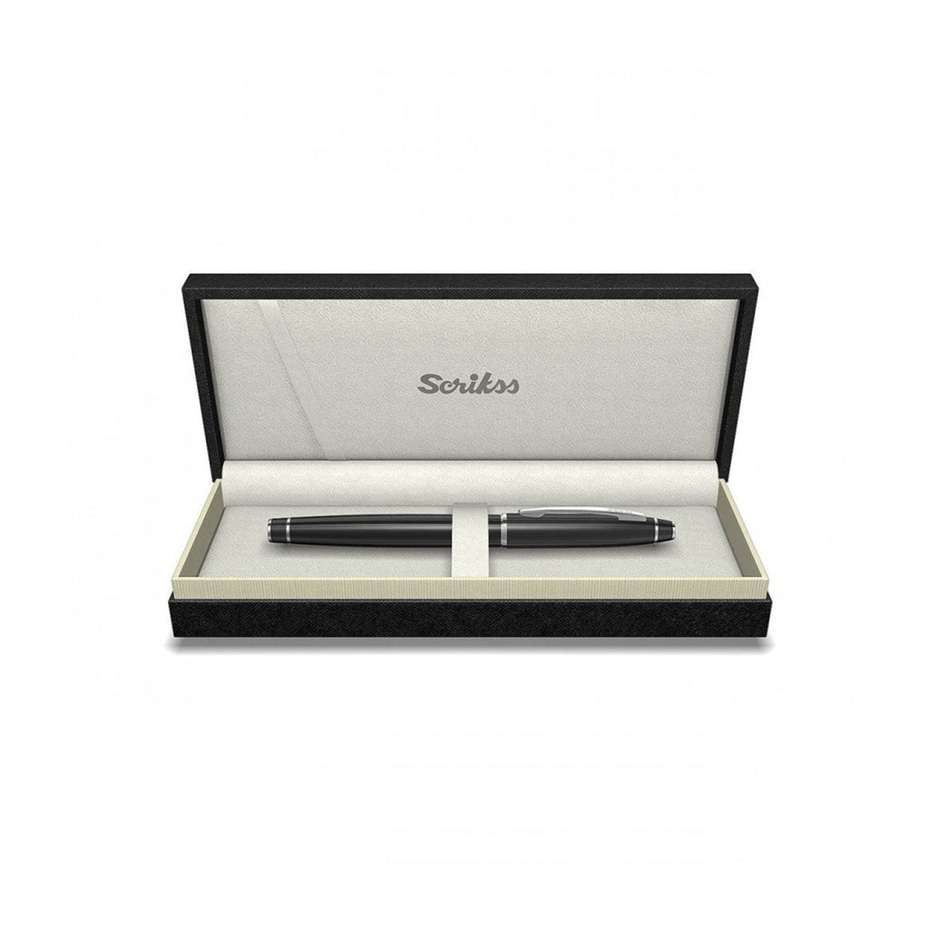Scrikss noble 35 Black CT rollerball pen in an open black and silver box on a white background