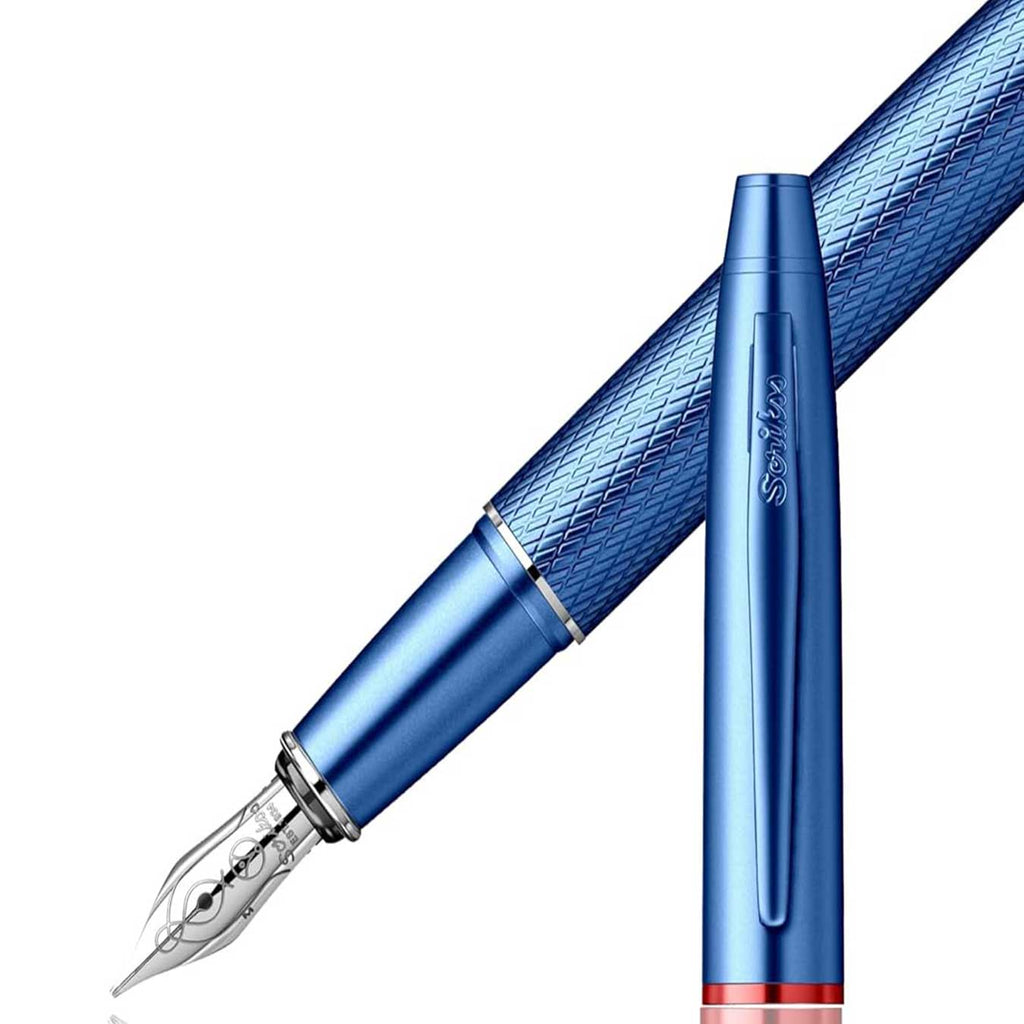 Scrikss Noble 35 Medium nib Blue fountain pen with detailed design on a white background