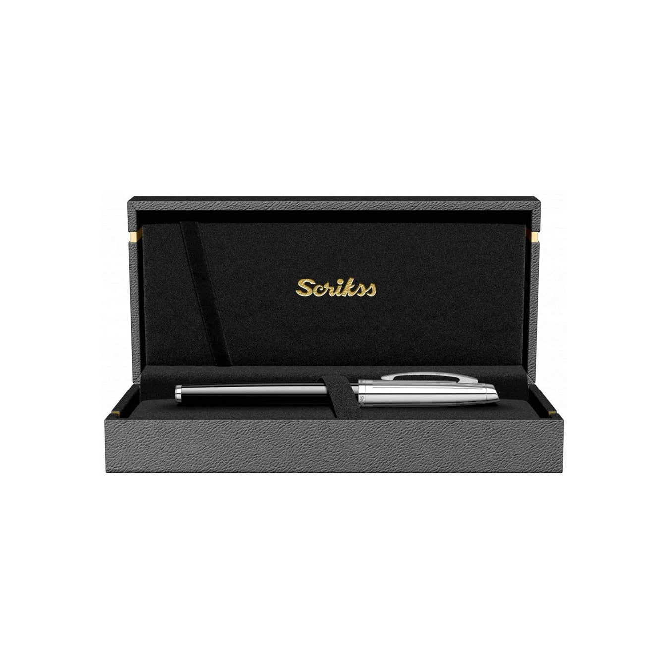 Scrikss pen set in a black display case on a white background