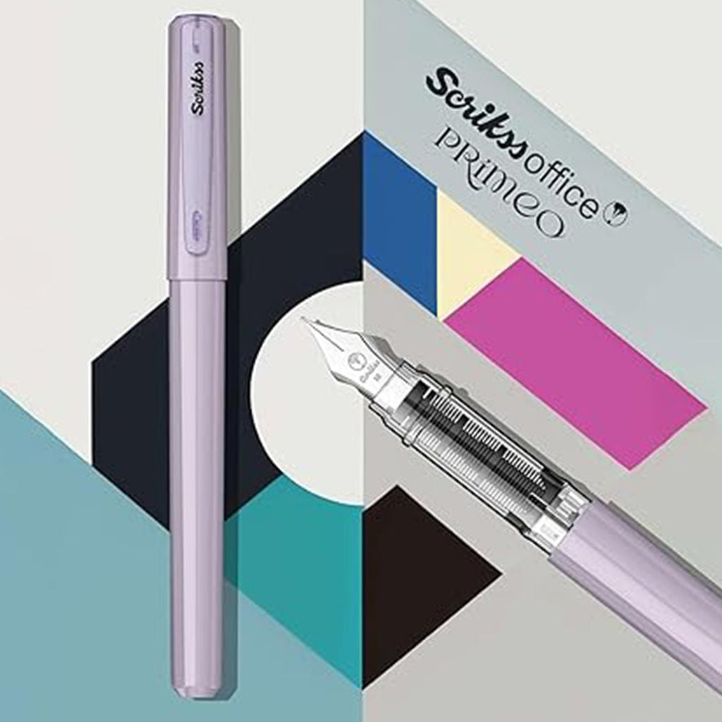 Scrikss Primeo Medium Nib Fountain Pen | 3 Cartridges Included | Stainless Steel Nib & ABS Body | Lilac | in Blister Pack - penpencilink