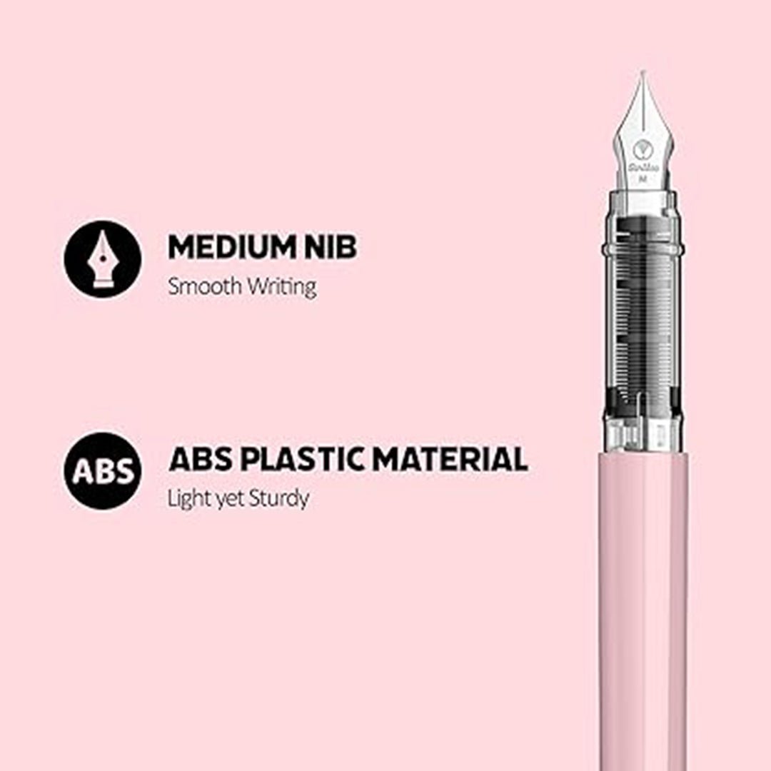 Scrikss Primeo Medium Nib Fountain Pen with 3 Cartridges in Pink on a pink background