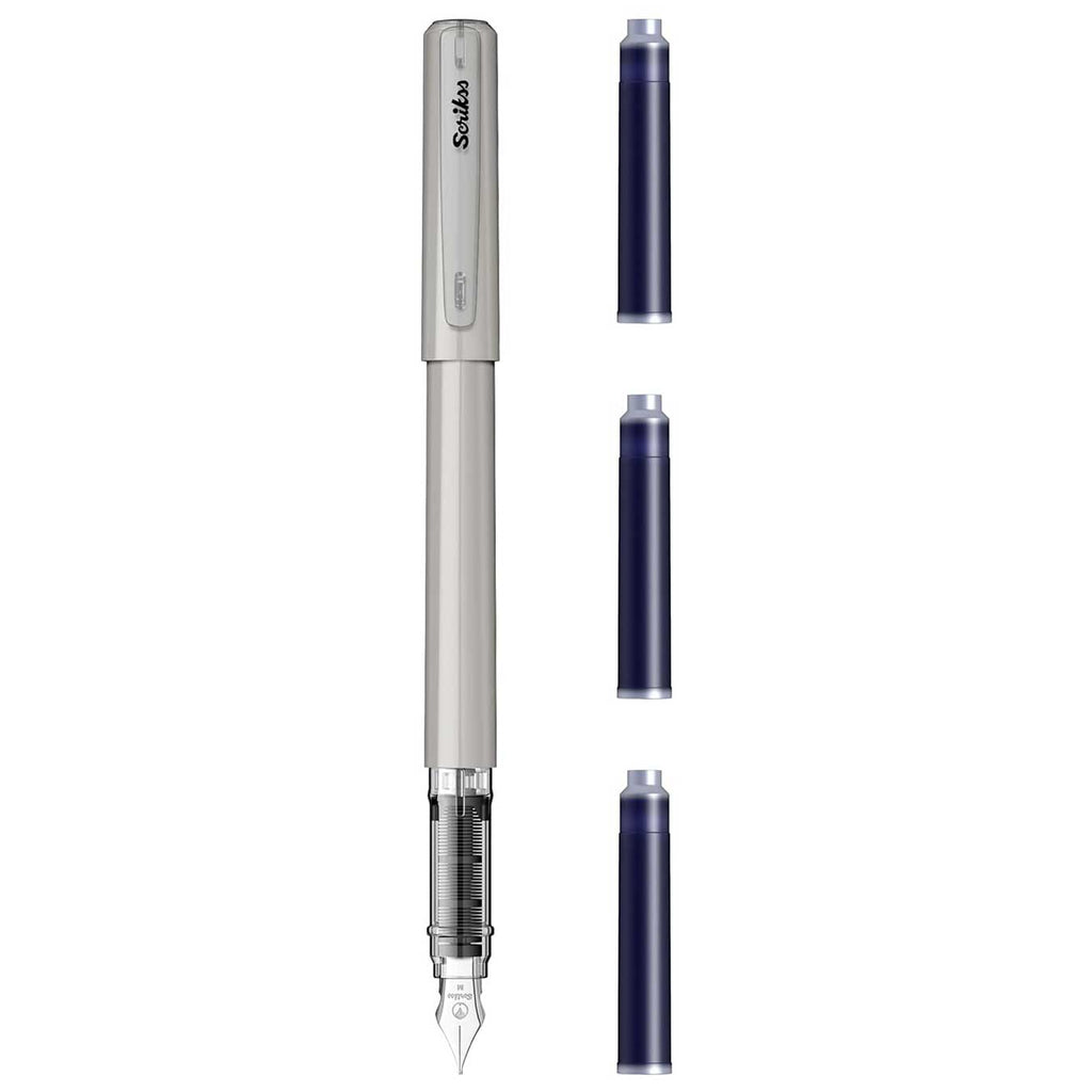 Scrikss Primeo Medium Nib Fountain Pen with 3 Cartridges in Grey on a white background