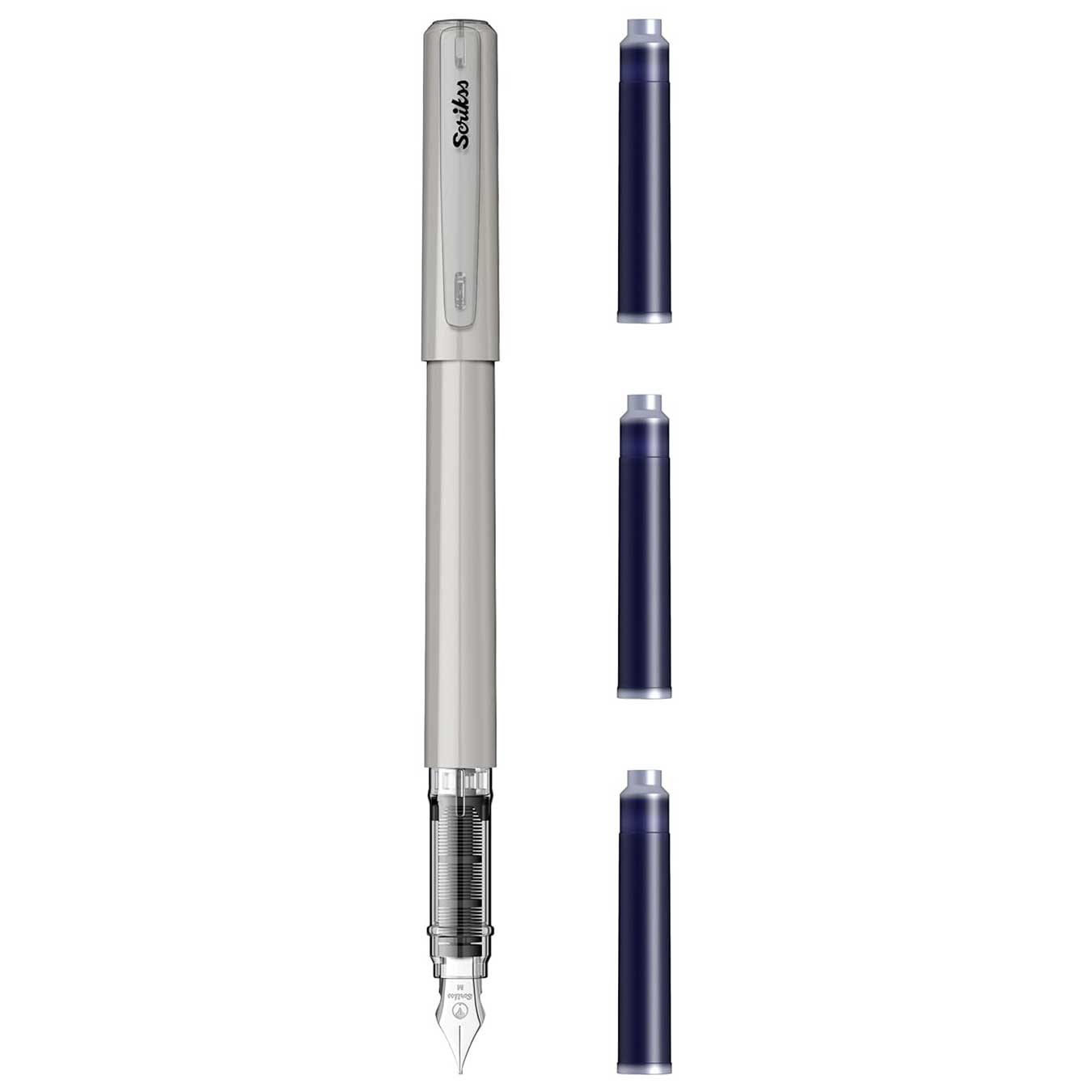 Scrikss Primeo Medium Nib Fountain Pen with 3 Cartridges in Grey on a white background