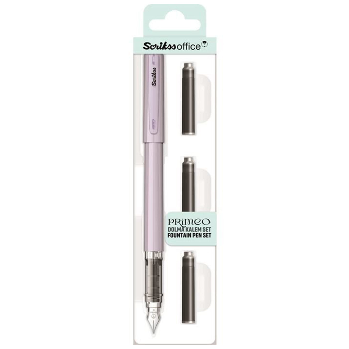 Scrikss Primeo Medium Nib Fountain Pen with 3 Cartridges in Lilac in a packaging box