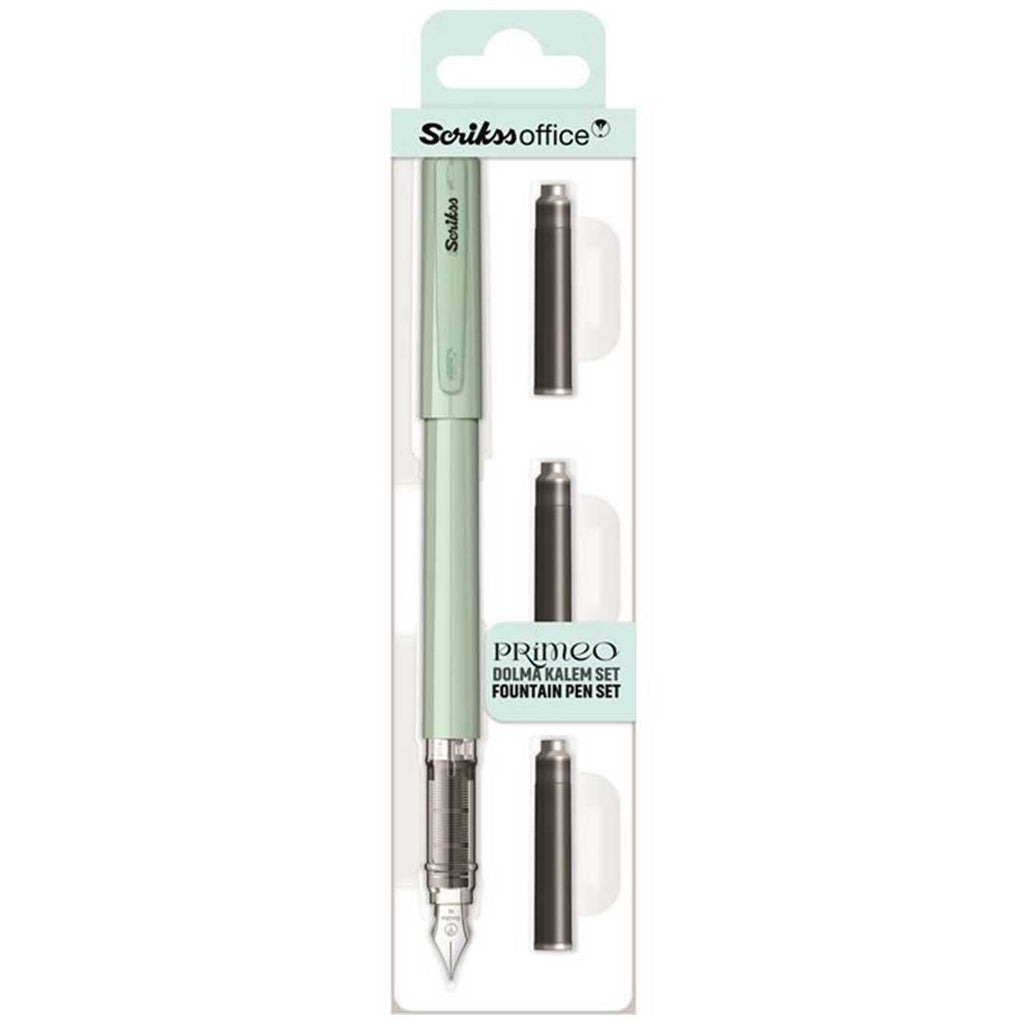 Scrikss Primeo Medium Nib Fountain Pen with 3 Cartridges in Mint in a packaging box