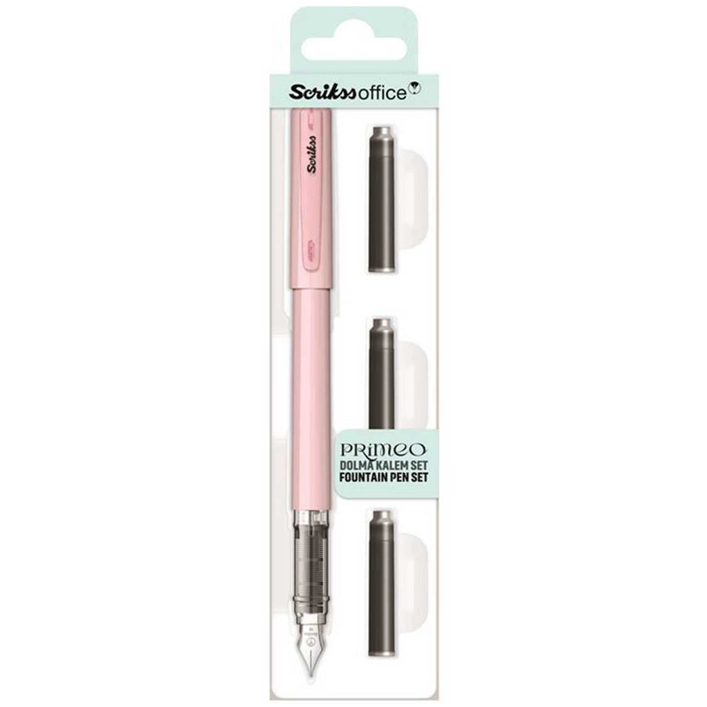 scrikss primeo Pink fountain pen set with ink refills in packaging on a white background