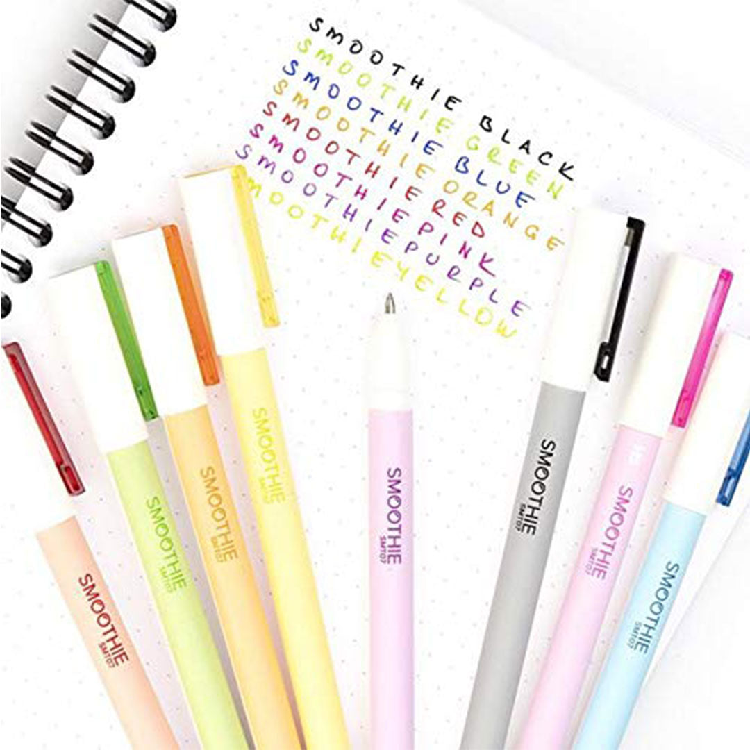Scrikss Smoothie 0.7mm Gel Pen  Blister Mixed Colors (Pack of 8) on a white notebook with colours name 