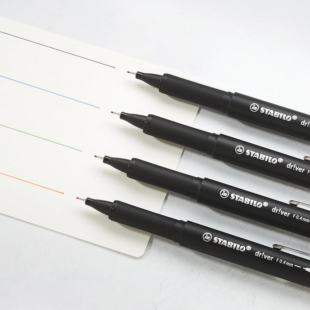 Stabilo | dr!ver Series | Premium Fineliner & Felt Tip | Pack of 4 | 0.4 MM | Black, Blue, Green, Red