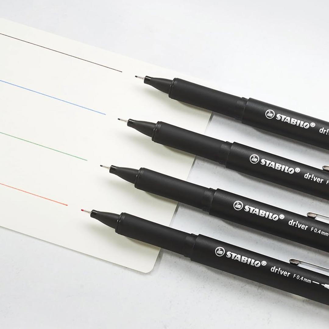Stabilo | dr!ver Series | Premium Fineliner & Felt Tip | Pack of 4 | 0.4 MM | Black, Blue, Green, Red