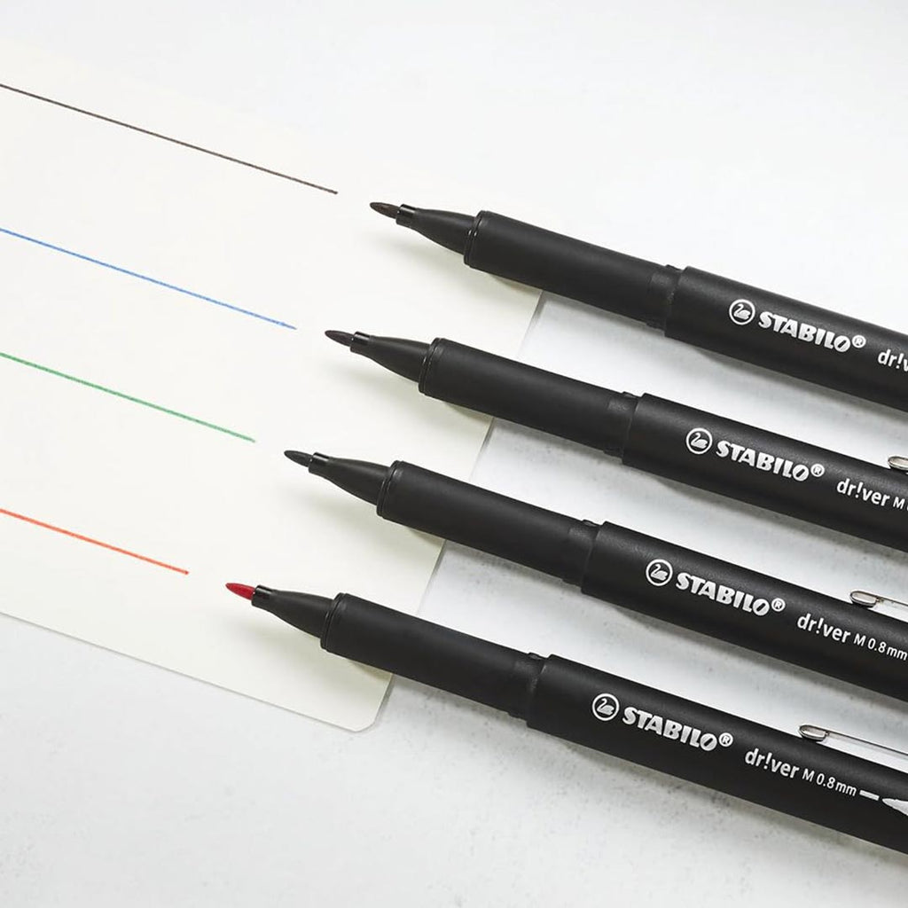 Stabilo | dr!ver Series | Premium Fineliner & Felt Tip | Pack of 4 | 0.8 MM | Black, Blue, Green, Red