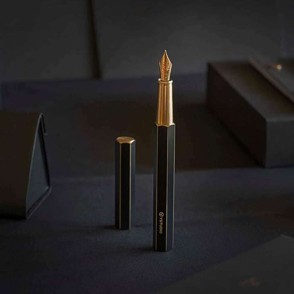 Ystudio Classic Revolve Fountain Pen - Black Hexogon | Medium Nib - Satyam Collection
