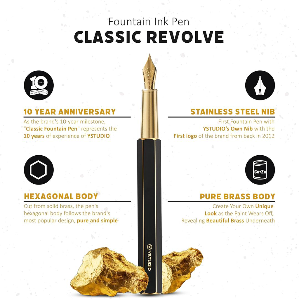 Ystudio Classic Revolve Fountain Pen - Black Hexogon | Medium Nib