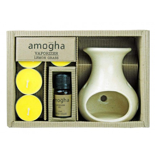 Amogha Vaporizer Set - lemon Grass 10 ml Fragrance Oil with Ceramic Vapourizer & 4 N Tealights Diyas