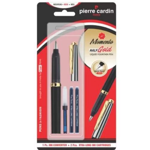 Pierre Cardin Momento Half Metal Gold Trim Blue Ink | Black Body Fountain Pen  |  Ideal Office Pen | Pen for Gift| Suitable for Gifting