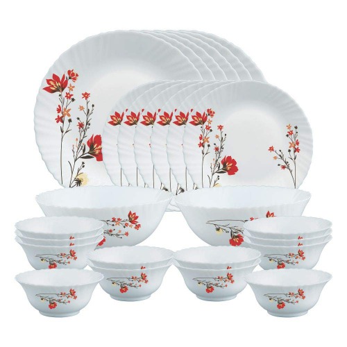 White Colour With Red Colour Flower Ceramic Dinner Plates Set Serving Plates Bowl Set Dinner Serving Set for Kitchen Dining 27 Piece Dinner Set