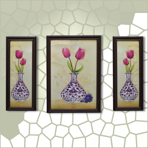 White Vas With Purple Design On It Filled With Two Pink Tulip Flowers