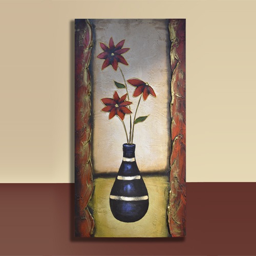 Hand Painted Canvas Vas And Flowers With Golden  3D Outline Decor For Office, Living Room, Bed Room