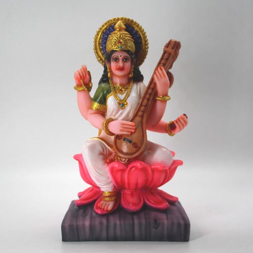 Sarswati Mata Sitting In lotus  Murti/Goddess Saraswati Fiber Statues for Home| Office| Car| Puja Ghar (Multicolour, 7 inch)
