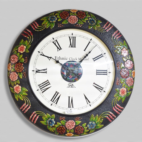 Wood Antique Flower Hand Painted Dome Wall Clock (18 x 18 inches, Multicolour )