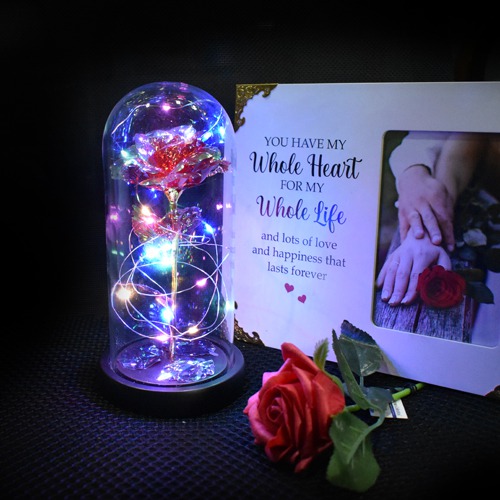 Beauty and the beast eternal enchanted rose flower in a glass jar with multicolored LED lightings with 3 modes. for valentins day