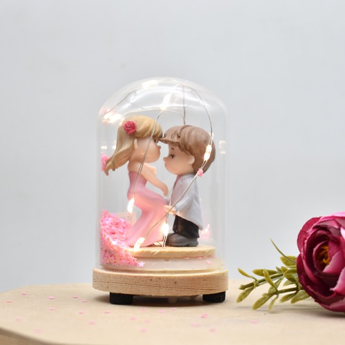 Couple Glass Dome With Wooden Base| LED Lights