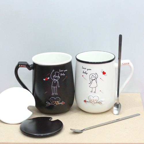 Ceramic Couple Coffee Mug Set With Lid and Spoon