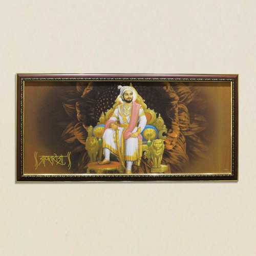 Sparkle Print Photo Frame Of Shivaji Maharaj With Black Border Decor For Living Room, Office