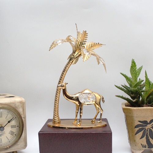 Palm Tree Figurine With Camel Gold Plated Metal Crystal Art