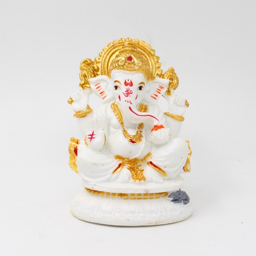 White And Gold Dashboard Ganesha Statue For Car Dashboard