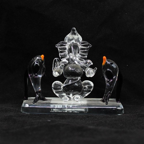 Black Glass Ganesha With  Dolphin For Home & Office Decor