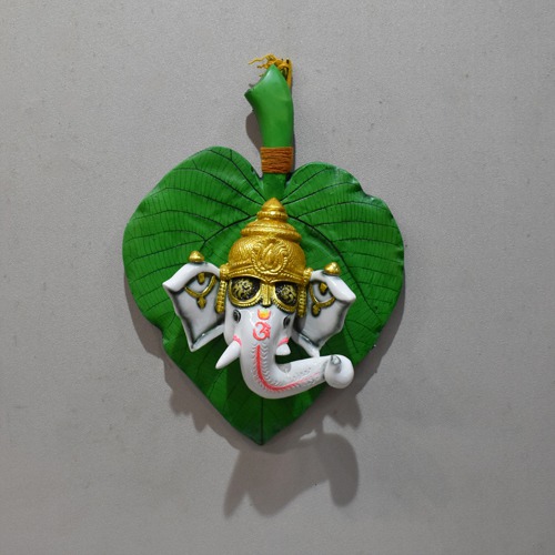 Ganesha Face On Green Leaf Wall Hanging
