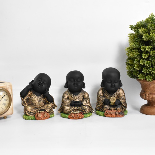 Black Colour Little Monk Buddha Set Of 3 Statue | Lord Buddha Idols For Gift | Home And Showpiece |Buddha showpiece