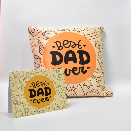 Best Dad Ever Printed Satin Cushion - 12x12 inches and Greeting Card Combo Pack -