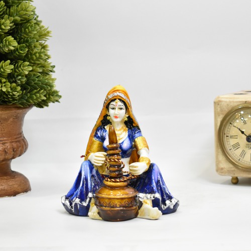 Blue Rajasthani Lady Using Makhan Handi Showpiece