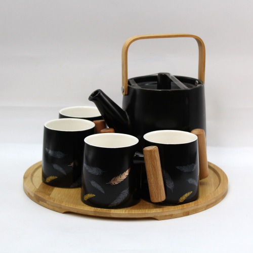Wooden Based Black Colour Tea And Kettle Set | Finest Ceramic Tea | Coffee Cup Set And Kettle And Tray