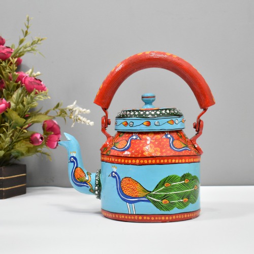 Traditional Hand-Painted Peacock Design Colourful Decorative Tea Kettle Pot Showpiece For Home Decoration