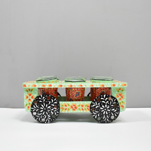 Royal Glass Holder Tray Handicraft Green Decorative Tray And Glass | Traditional Hand-Painted Tray Showpiece