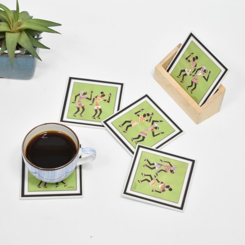 Ethnic Square Tea Coffee Coaster Set of 6 Warli Painting Design Gift Item Home Table Decor Showpiece