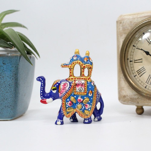 Elephant Statue Handpainted Animal Figurine Metal Trunk Up Elephant Handmade Decorative Showpiece