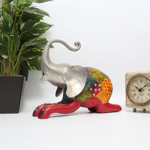 Attractive Handcrafted Wooden Elephant With Metal Showpiece | Figurine for Home & Office Decor and Gift