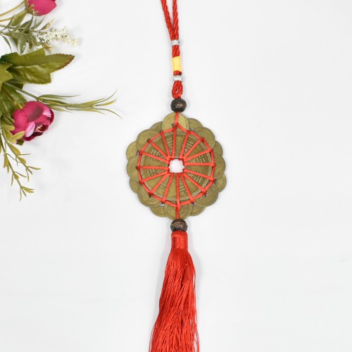 Feng Shui Hanging Round Shape Coin Bell with Red Strings For Good Fortune Traditional Coin with Red String