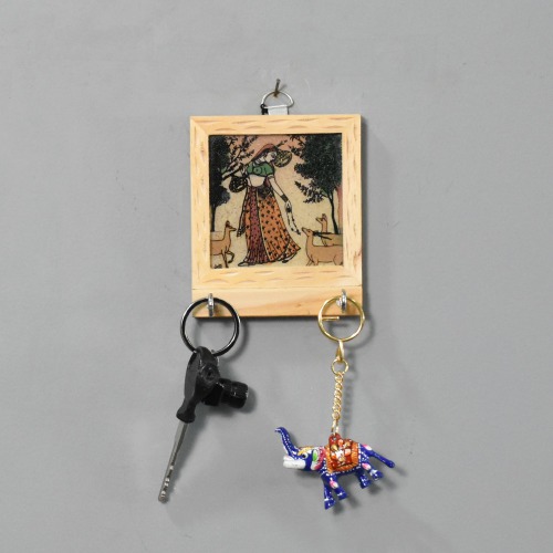 Rajasthani Lady Standing With Deer Theam Gemstone Painting Key Holder | Key Holder | Decor | Wall Hanging