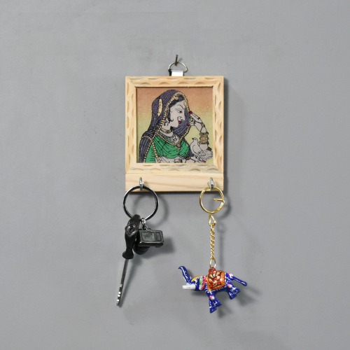Rajasthani Lady With Pigeon Theam Gemstone Painting Key Holder | Key Holder | Decor | Wall Hanging
