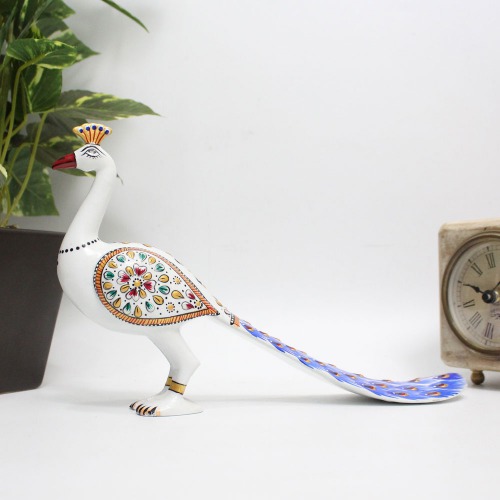 Green And Blue Metal Handicraft Meenakari Peacock With Long tail With Enamel Painting Showpiece
