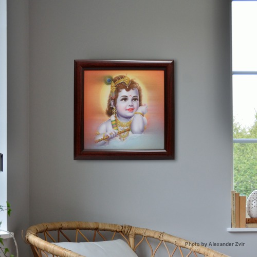 Brown Border Frame With Loar Krishna Photo Frame ( 14.5 x 14.5 Inches )| For Home Decor | Puja Ghar