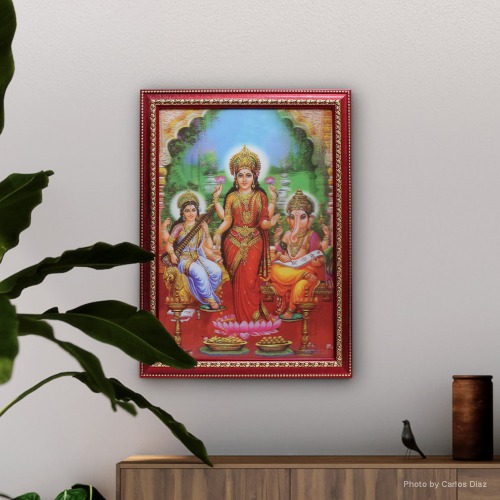 Laxmi Ganesh Saraswati Bhagwan Frame Sitting on Lotus | Ganpati Frame For Home Office