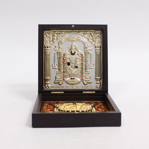 Gold Plated Tirupati Balaji Photo Frame with Charan Paduka,Plastic Box
