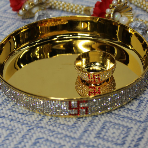 24K Gold Plated Brass Thali with Bowl and Swastik Diamond Design