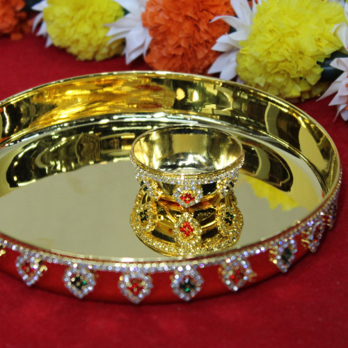 24K Gold Plated Brass Thali with Bowl and Paan Diamond Design